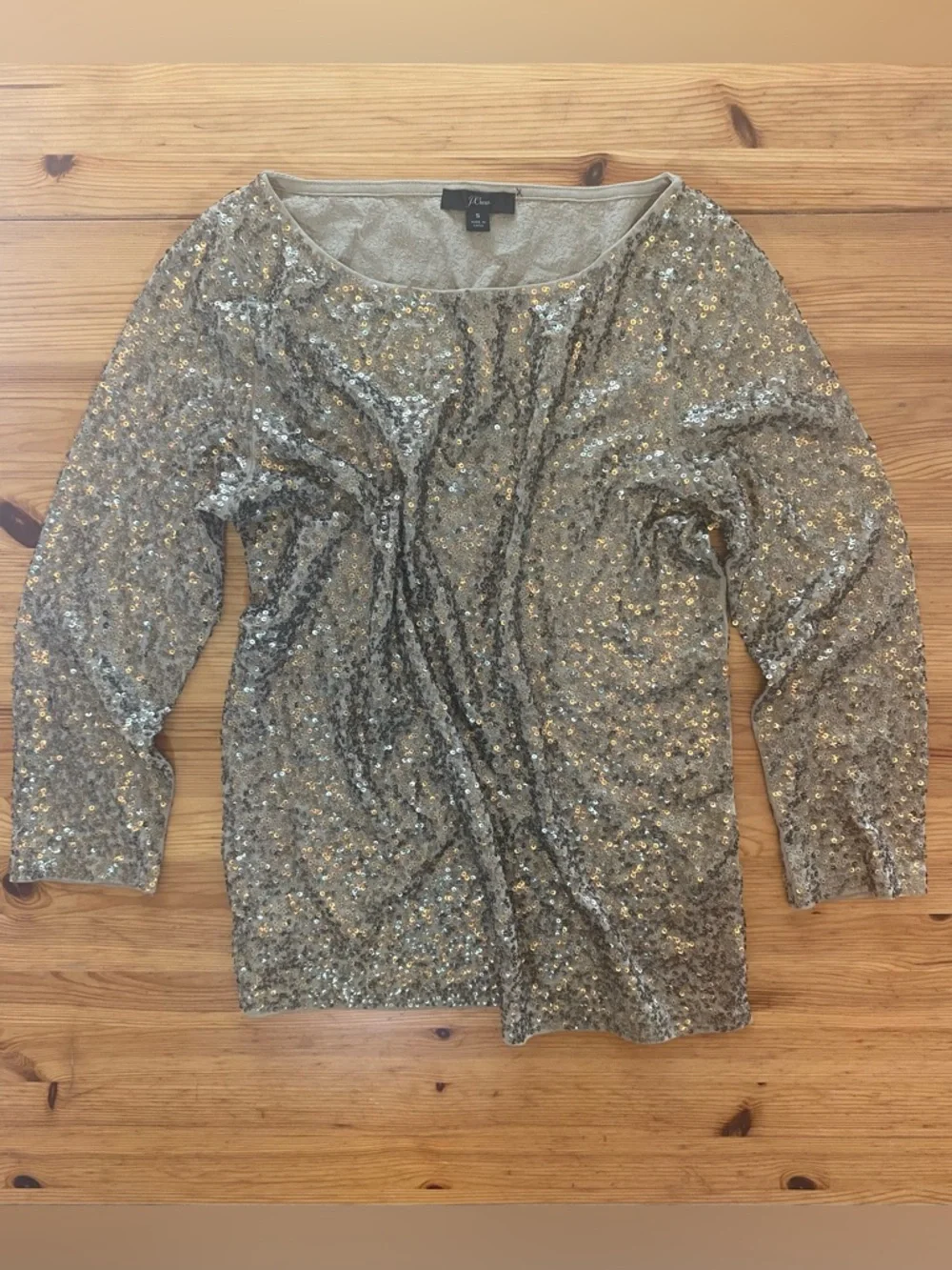 J.Crew Champagne Gold Sequin Glimmer Top Boatneck Long Sleeve Size Small
